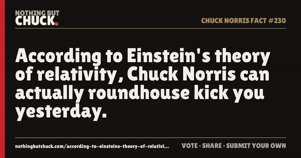 Share card: According to Einstein's theory of relativity, Chuck Norris can actually roundhouse kick you yesterday.