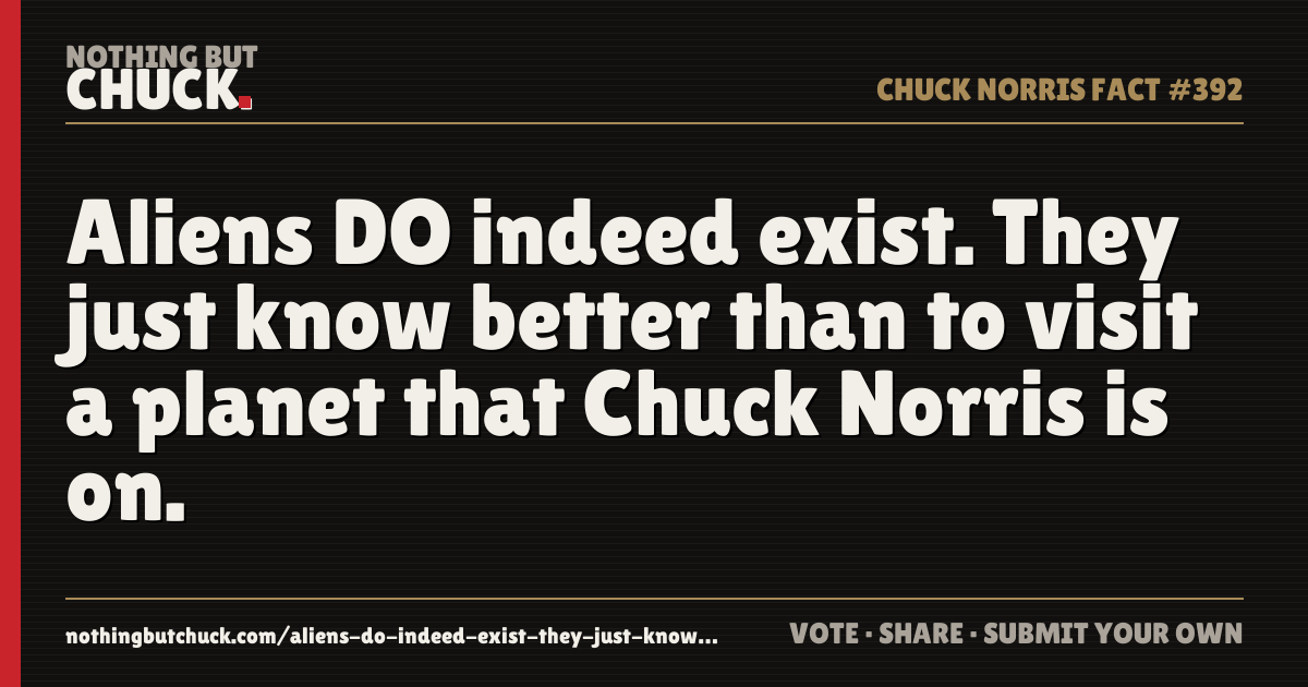 Share card: Aliens DO indeed exist. They just know better than to visit a planet that Chuck Norris is on.