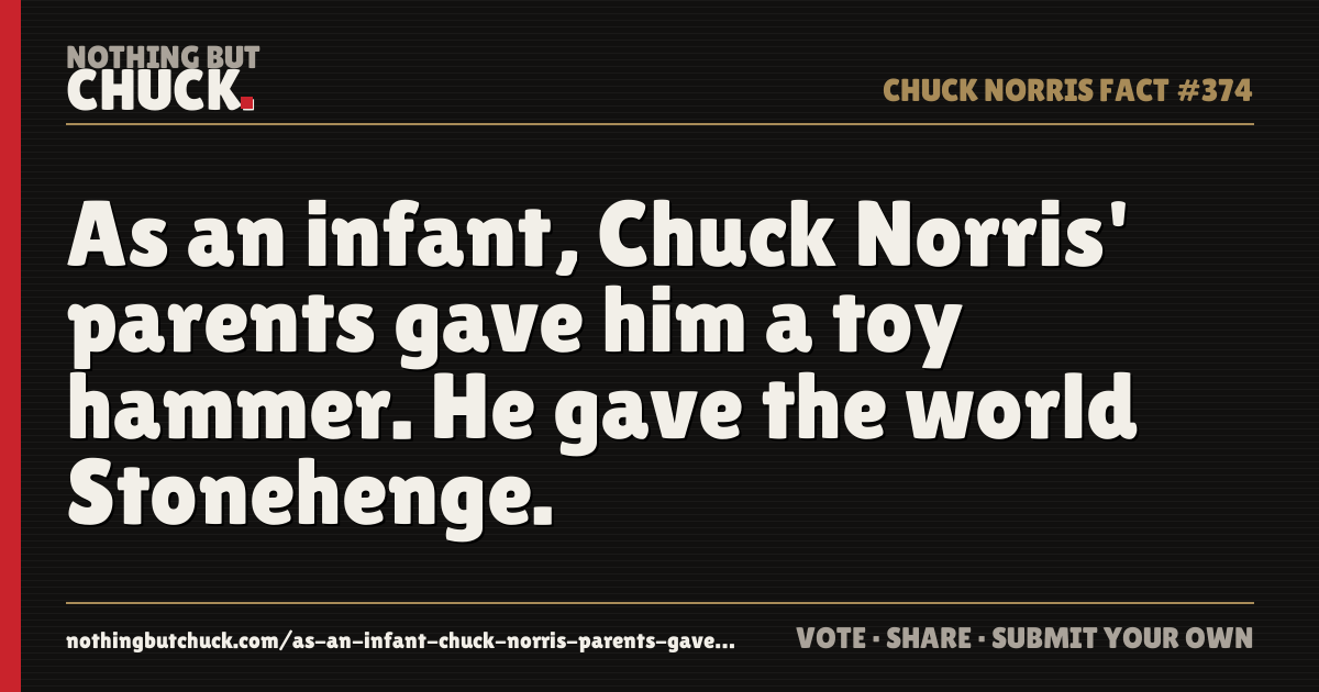 Share card: As an infant, Chuck Norris' parents gave him a toy hammer. He gave the world Stonehenge.