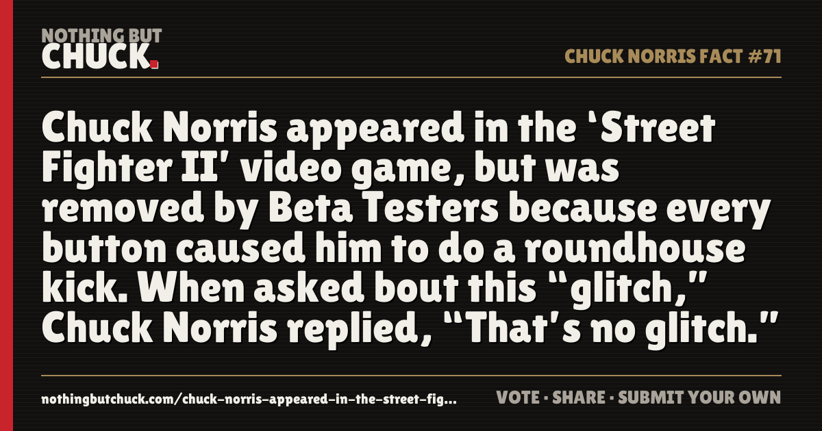 Share card: Chuck Norris appeared in the ‘Street Fighter II’ video game, but was removed by Beta Testers because every button caused him to do a roundhouse kick. When asked bout this “glitch,” Chuck Norris replied, “That’s no glitch.”