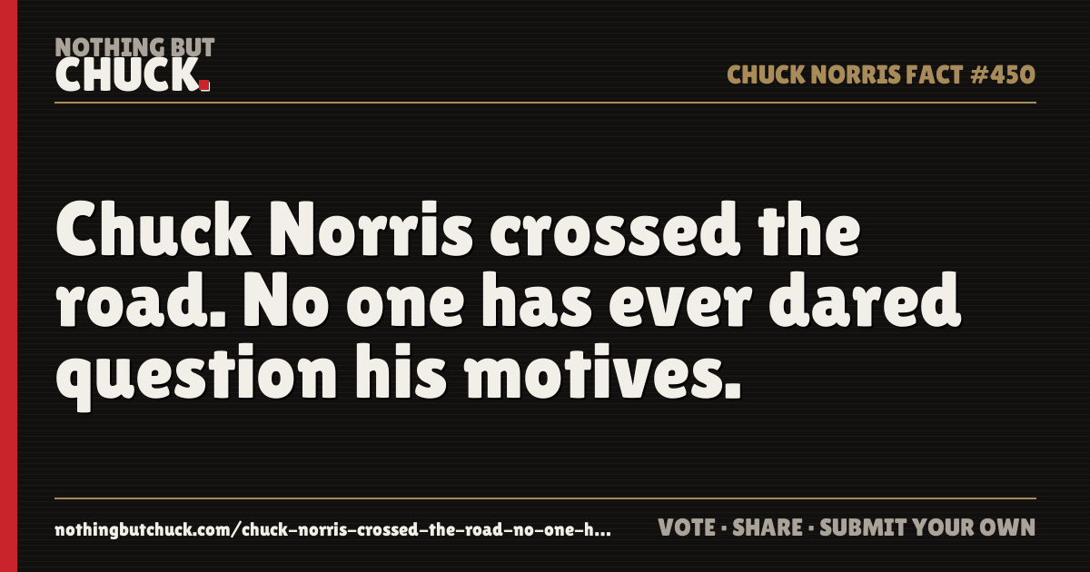 Share card: Chuck Norris crossed the road. No one has ever dared question his motives.
