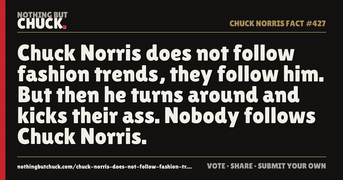 Share card: Chuck Norris does not follow fashion trends, they follow him. But then he turns around and kicks their ass. Nobody follows Chuck Norris.