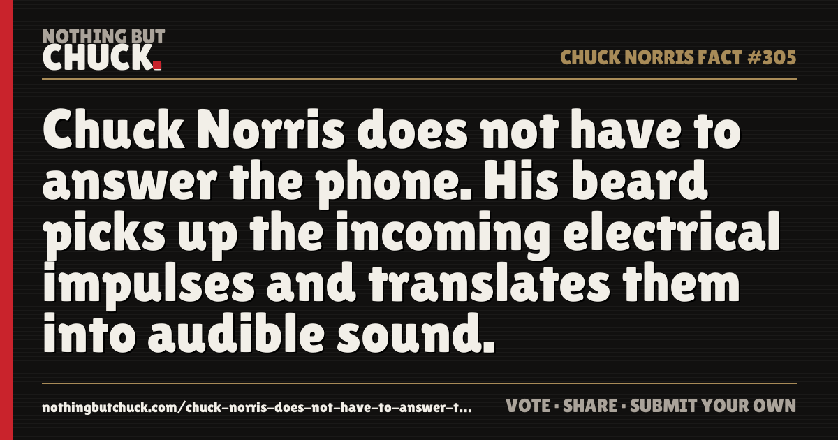 Share card: Chuck Norris does not have to answer the phone. His beard picks up the incoming electrical impulses and translates them into audible sound.