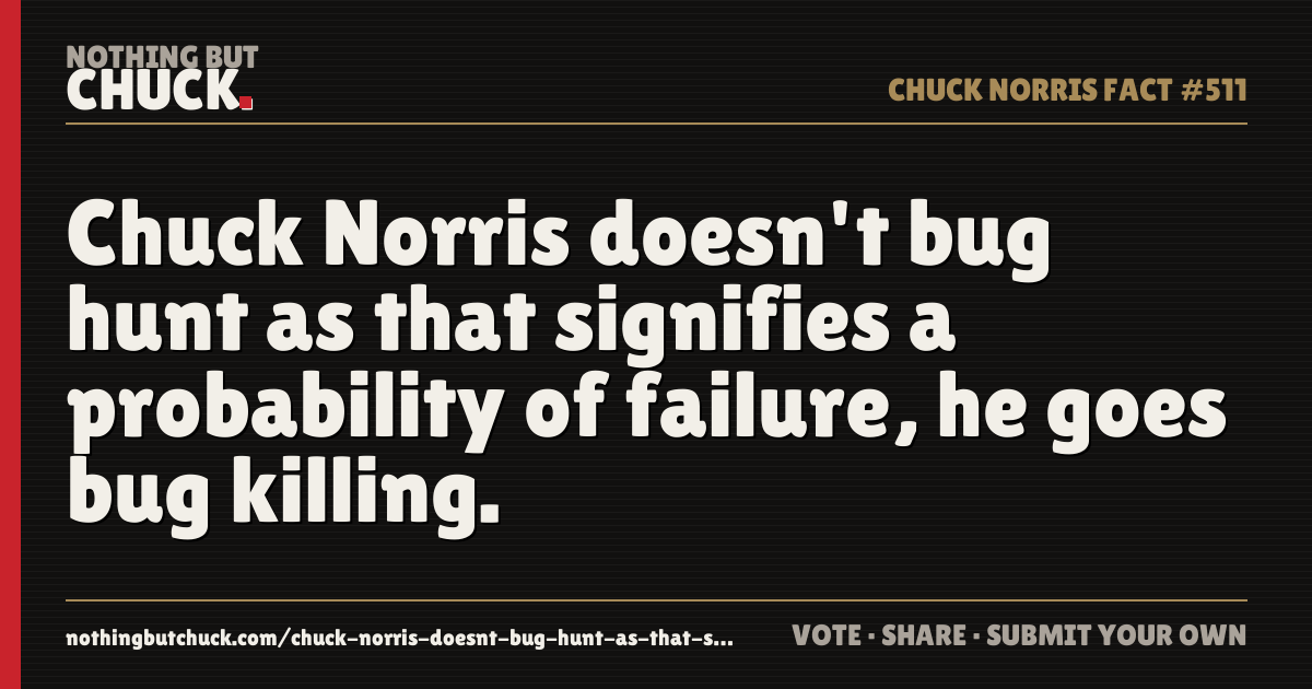 Share card: Chuck Norris doesn't bug hunt as that signifies a probability of failure, he goes bug killing.
