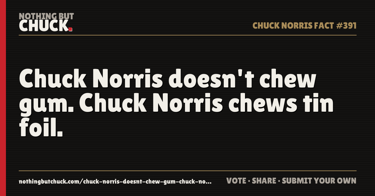 Share card: Chuck Norris doesn't chew gum. Chuck Norris chews tin foil.