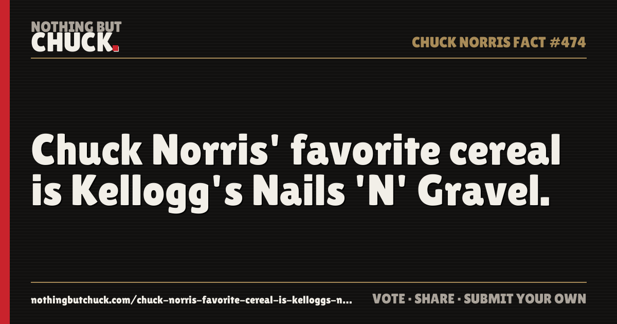 Share card: Chuck Norris' favorite cereal is Kellogg's Nails 'N' Gravel.