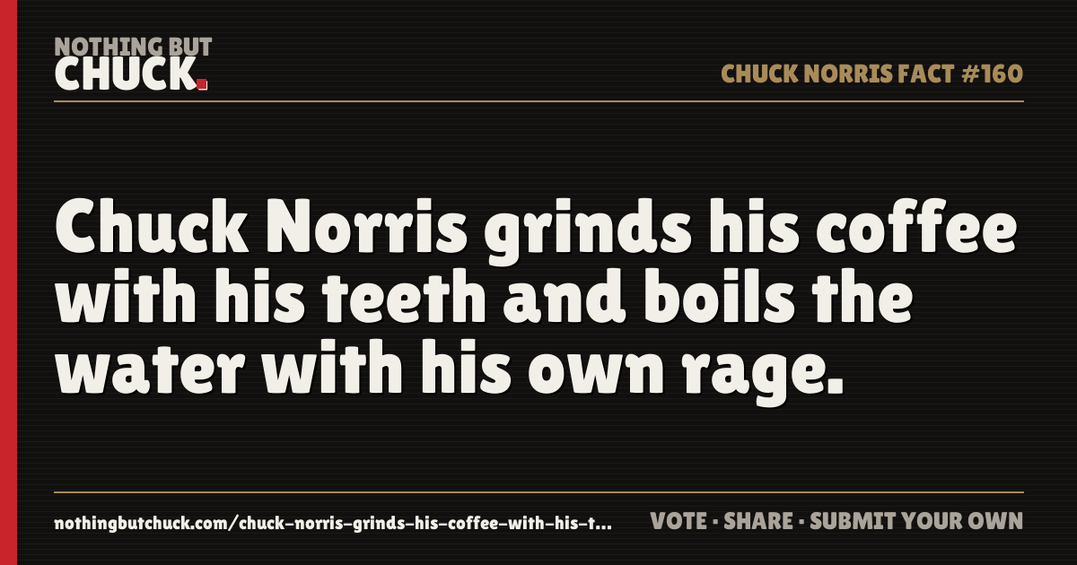 Share card: Chuck Norris grinds his coffee with his teeth and boils the water with his own rage.