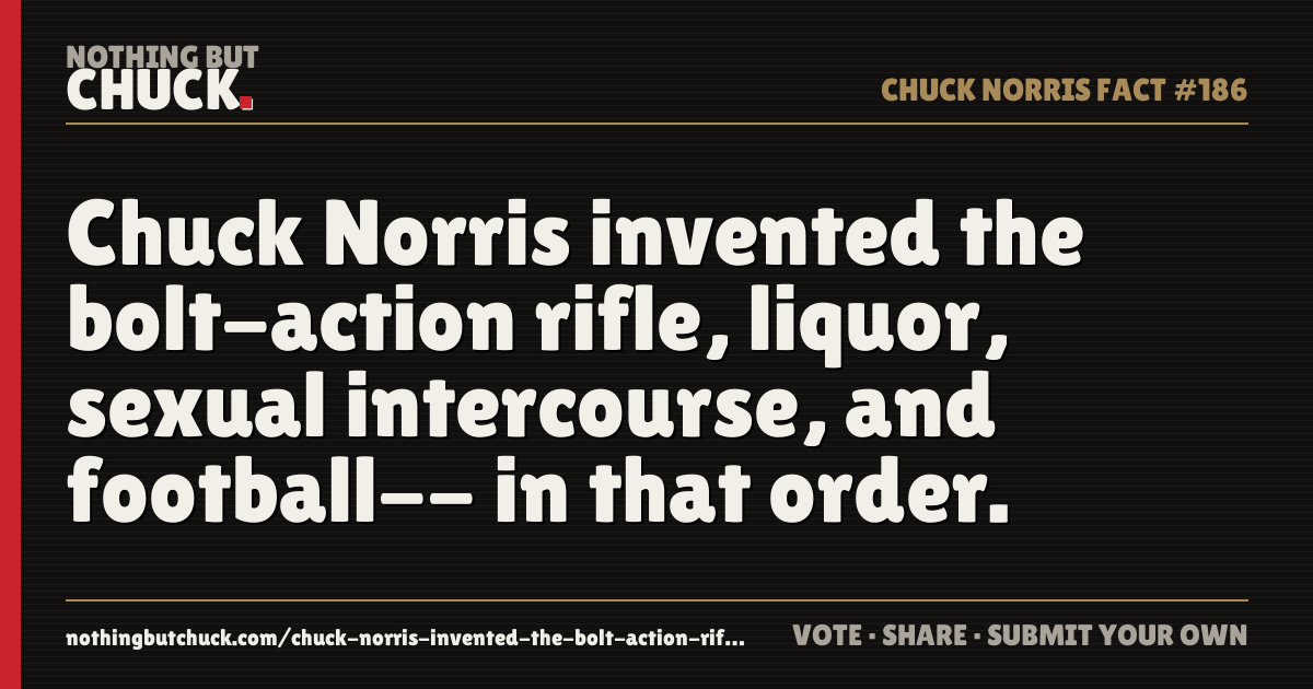 Share card: Chuck Norris invented the bolt-action rifle, liquor, sexual intercourse, and football-- in that order.