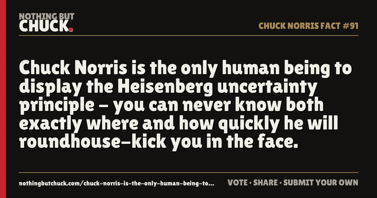 Share card: Chuck Norris is the only human being to display the Heisenberg uncertainty principle - you can never know both exactly where and how quickly he will roundhouse-kick you in the face.