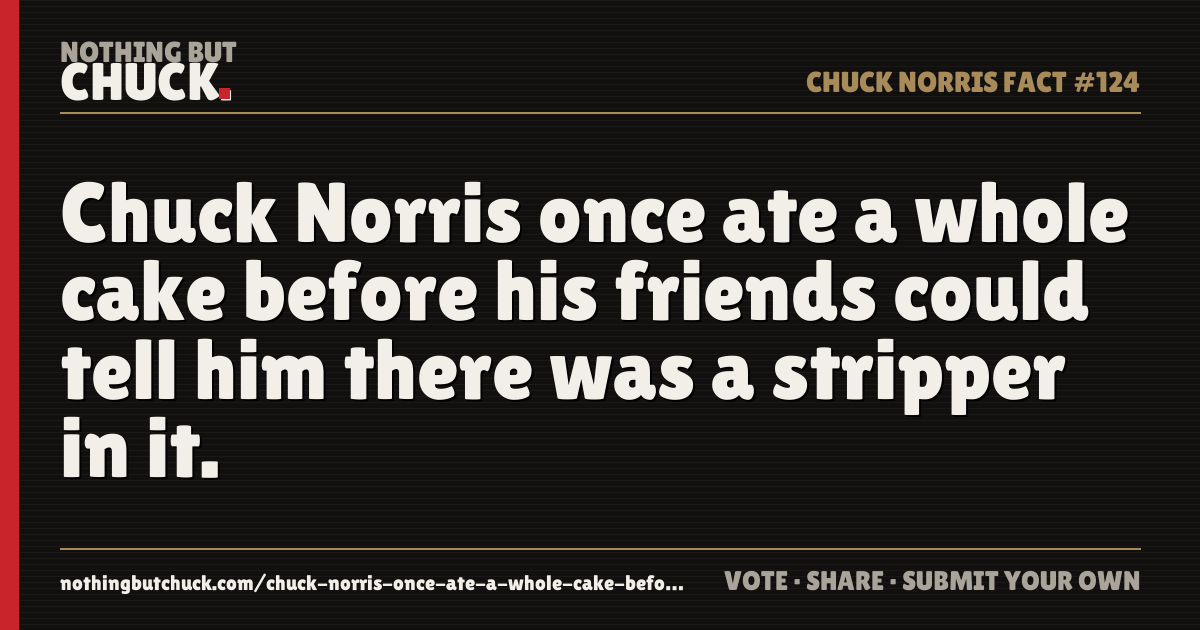Share card: Chuck Norris once ate a whole cake before his friends could tell him there was a stripper in it.