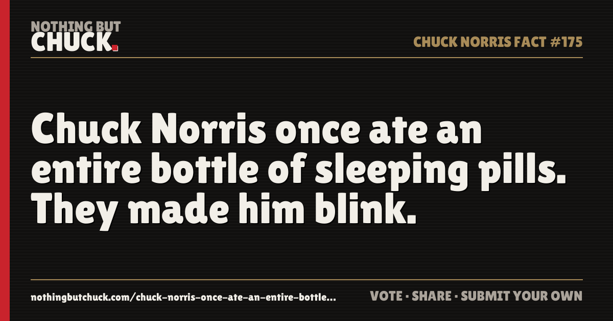Share card: Chuck Norris once ate an entire bottle of sleeping pills. They made him blink.