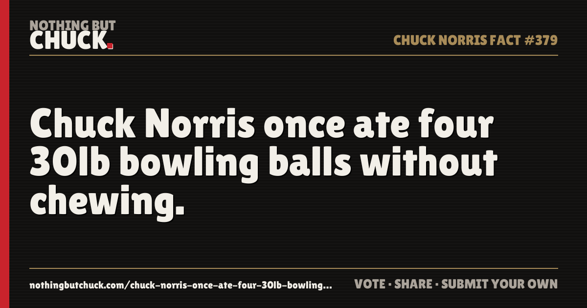 Share card: Chuck Norris once ate four 30lb bowling balls without chewing.