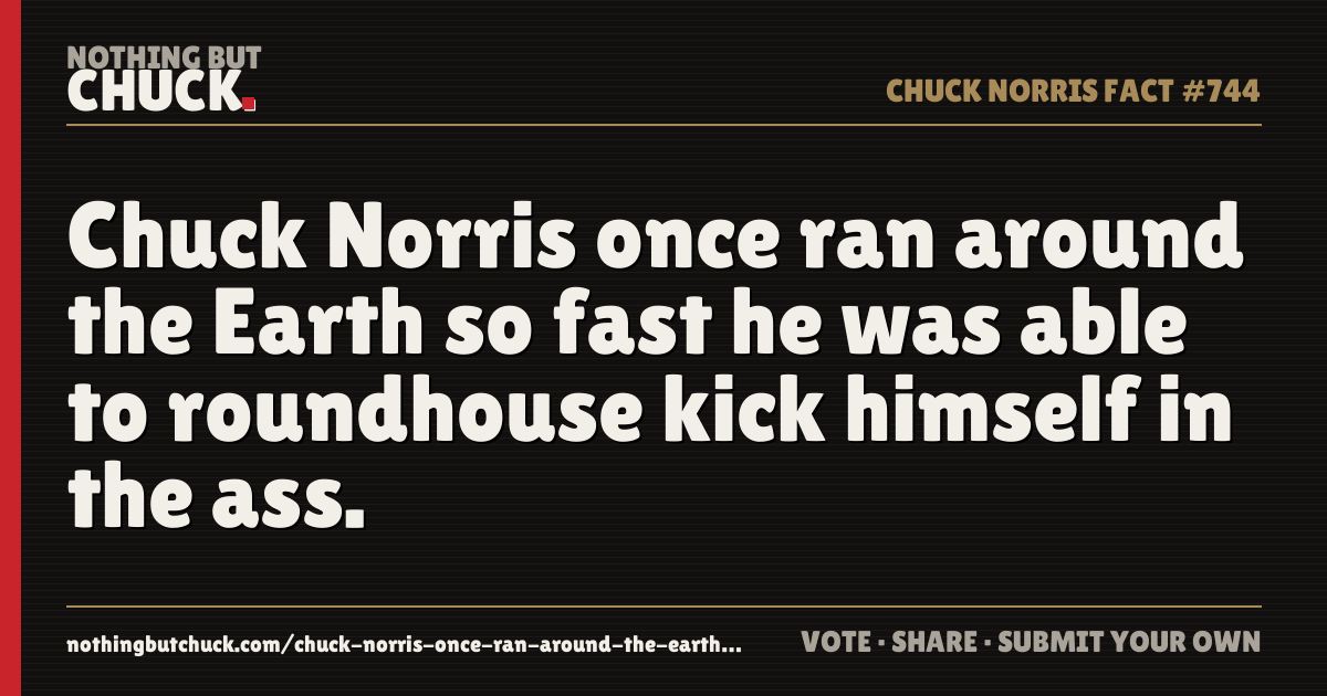 Share card: Chuck Norris once ran around the Earth so fast he was able to roundhouse kick himself in the ass.