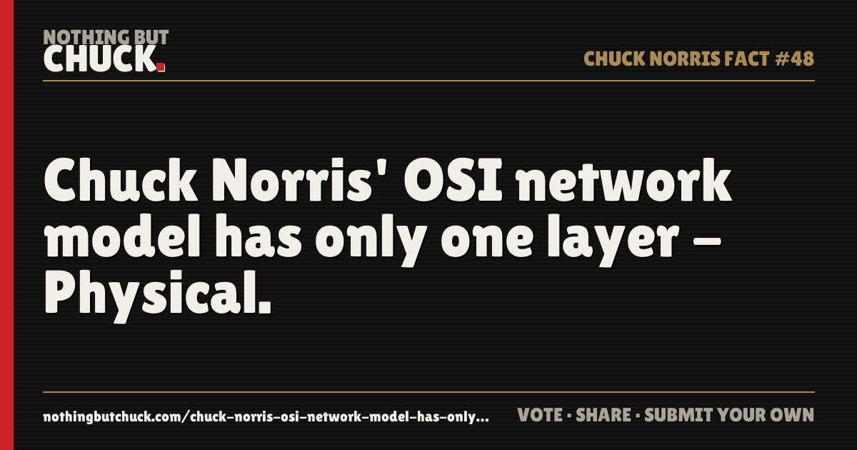 Share card: Chuck Norris' OSI network model has only one layer - Physical.