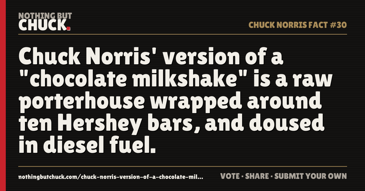 Share card: Chuck Norris' version of a "chocolate milkshake" is a raw porterhouse wrapped around ten Hershey bars, and doused in diesel fuel.