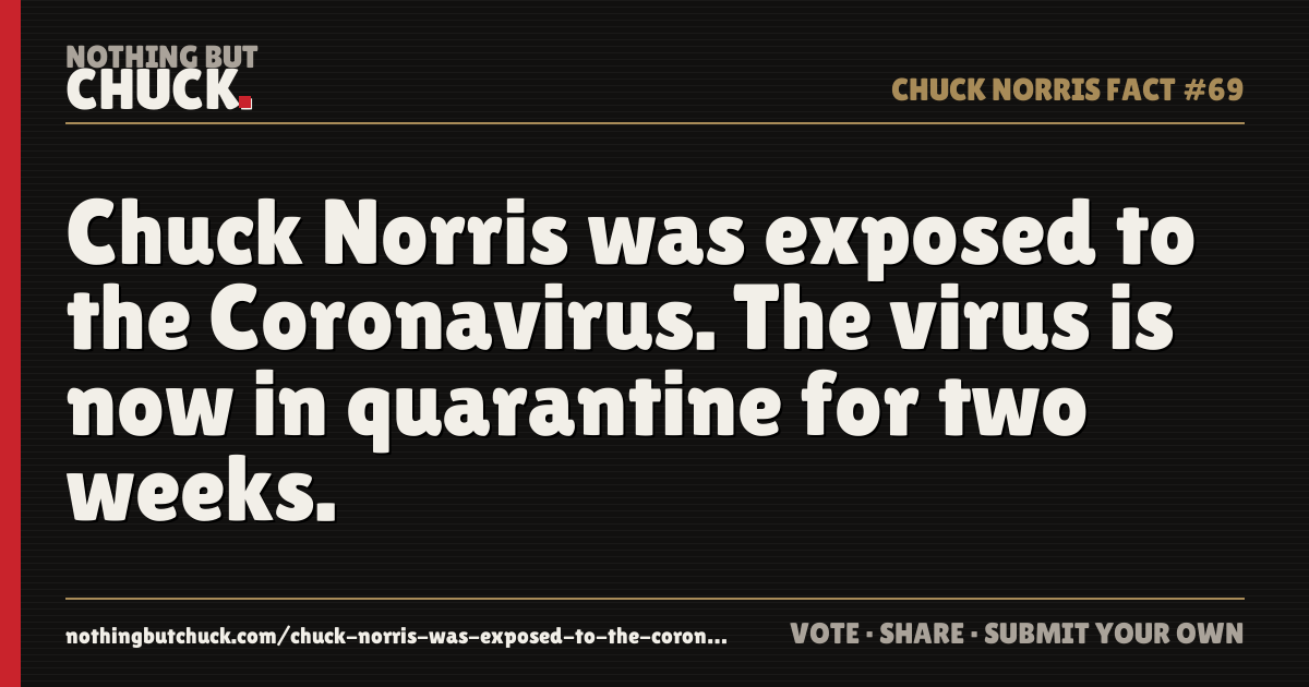 Share card: Chuck Norris was exposed to the Coronavirus. The virus is now in quarantine for two weeks.