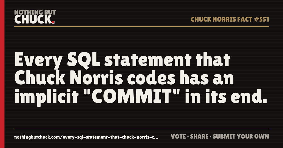 Share card: Every SQL statement that Chuck Norris codes has an implicit "COMMIT" in its end.