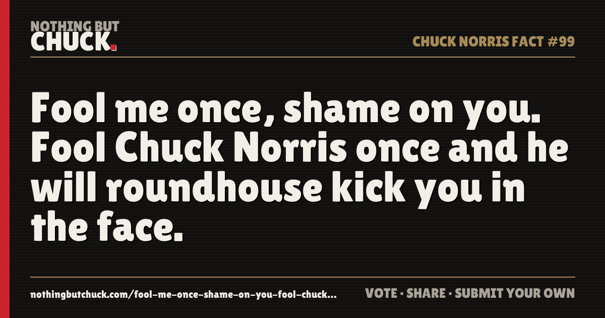 Share card: Fool me once, shame on you. Fool Chuck Norris once and he will roundhouse kick you in the face.