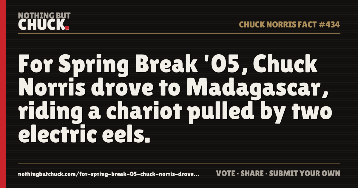 Share card: For Spring Break '05, Chuck Norris drove to Madagascar, riding a chariot pulled by two electric eels.