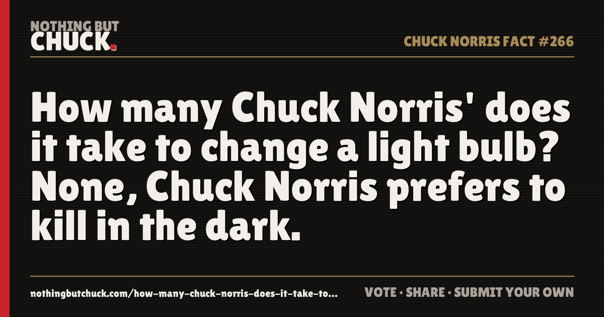 Share card: How many Chuck Norris' does it take to change a light bulb? None, Chuck Norris prefers to kill in the dark.