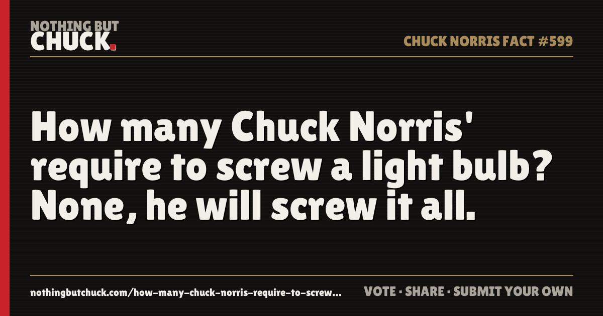 Share card: How many Chuck Norris' require to screw a light bulb? None, he will screw it all.