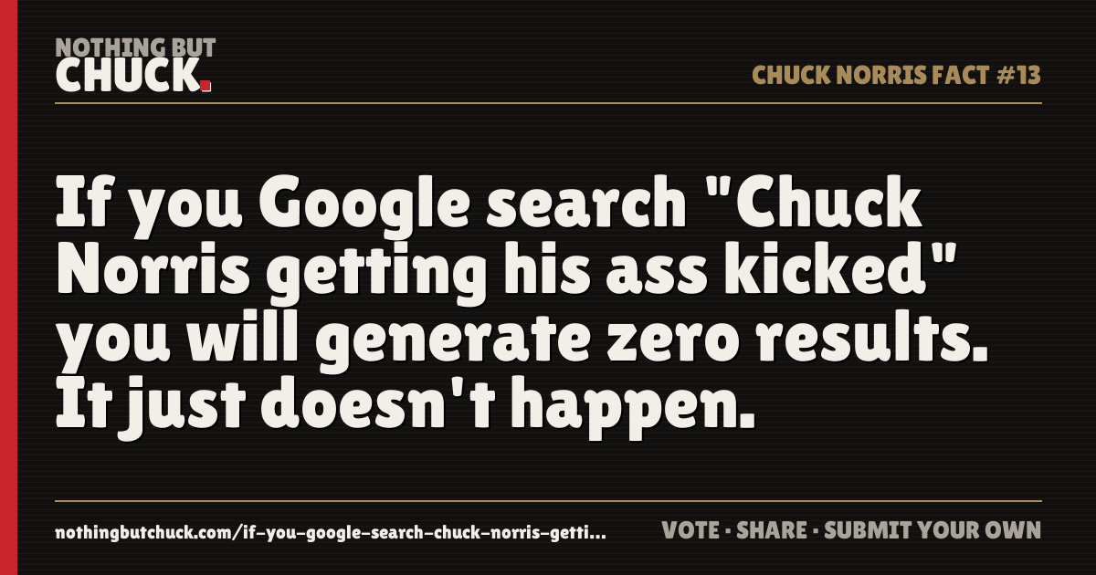 Share card: If you Google search "Chuck Norris getting his ass kicked" you will generate zero results. It just doesn't happen.