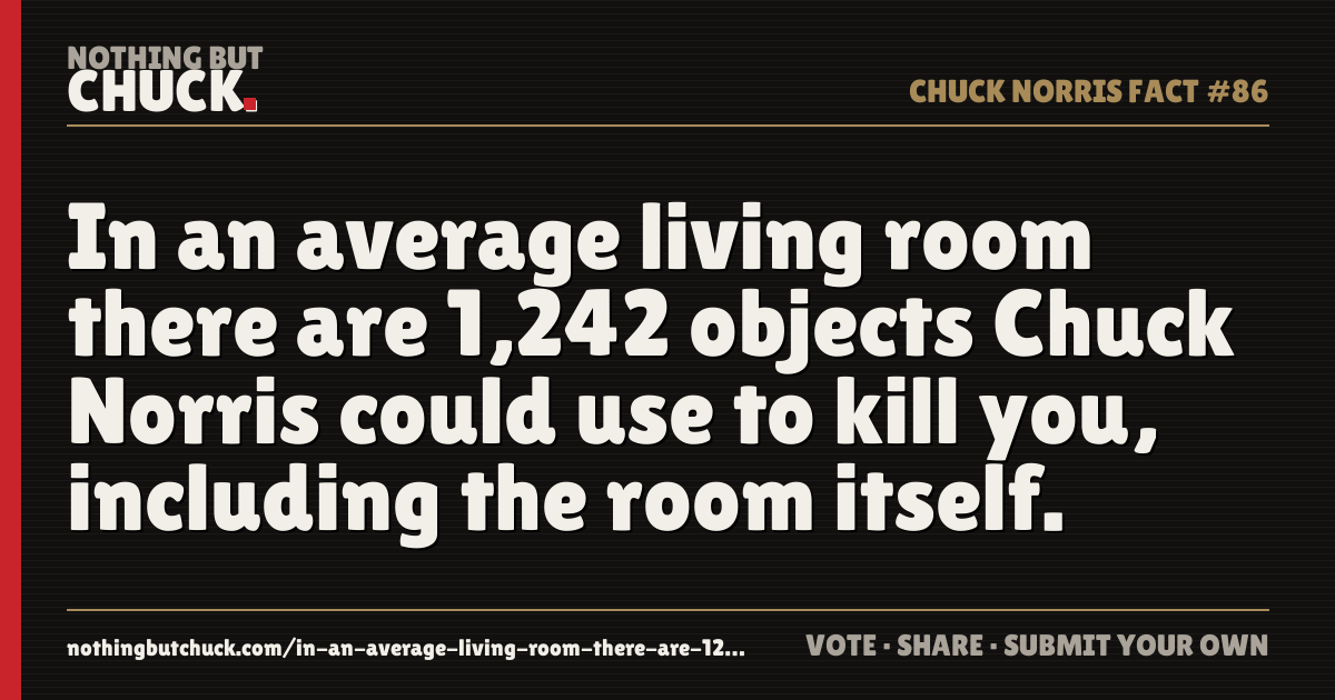 Share card: In an average living room there are 1,242 objects Chuck Norris could use to kill you, including the room itself.