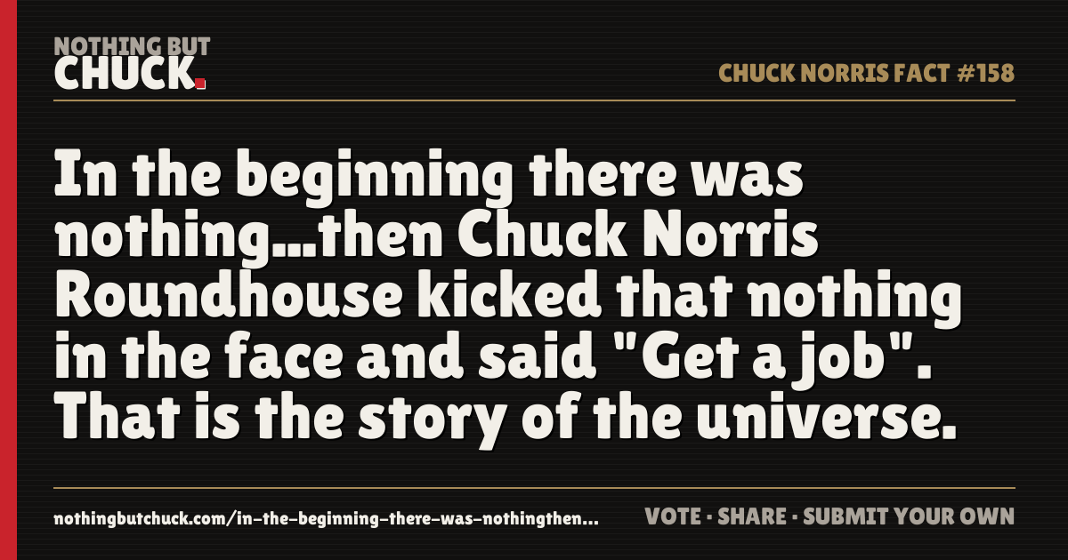 Share card: In the beginning there was nothing...then Chuck Norris Roundhouse kicked that nothing in the face and said "Get a job". That is the story of the universe.