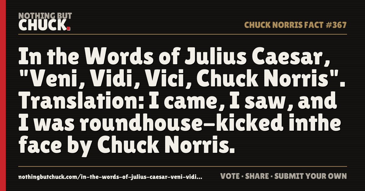 Share card: In the Words of Julius Caesar, "Veni, Vidi, Vici, Chuck Norris". Translation: I came, I saw, and I was roundhouse-kicked inthe face by Chuck Norris.