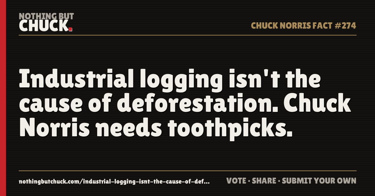 Share card: Industrial logging isn't the cause of deforestation. Chuck Norris needs toothpicks.