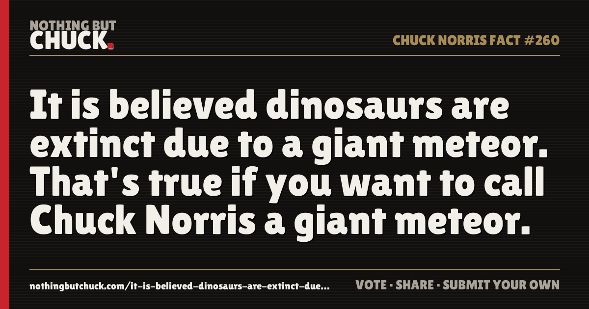 Share card: It is believed dinosaurs are extinct due to a giant meteor. That's true if you want to call Chuck Norris a giant meteor.