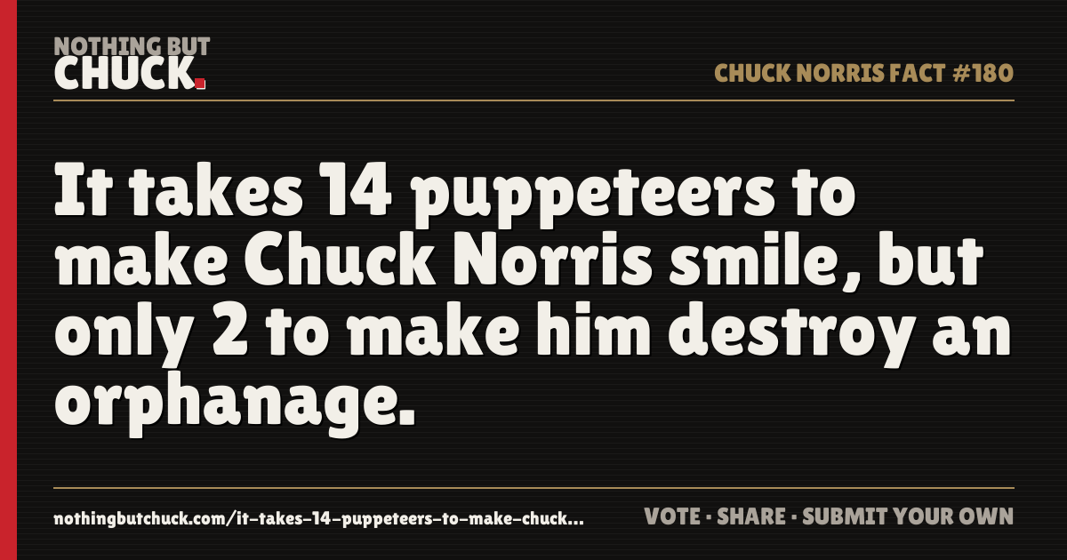 Share card: It takes 14 puppeteers to make Chuck Norris smile, but only 2 to make him destroy an orphanage.
