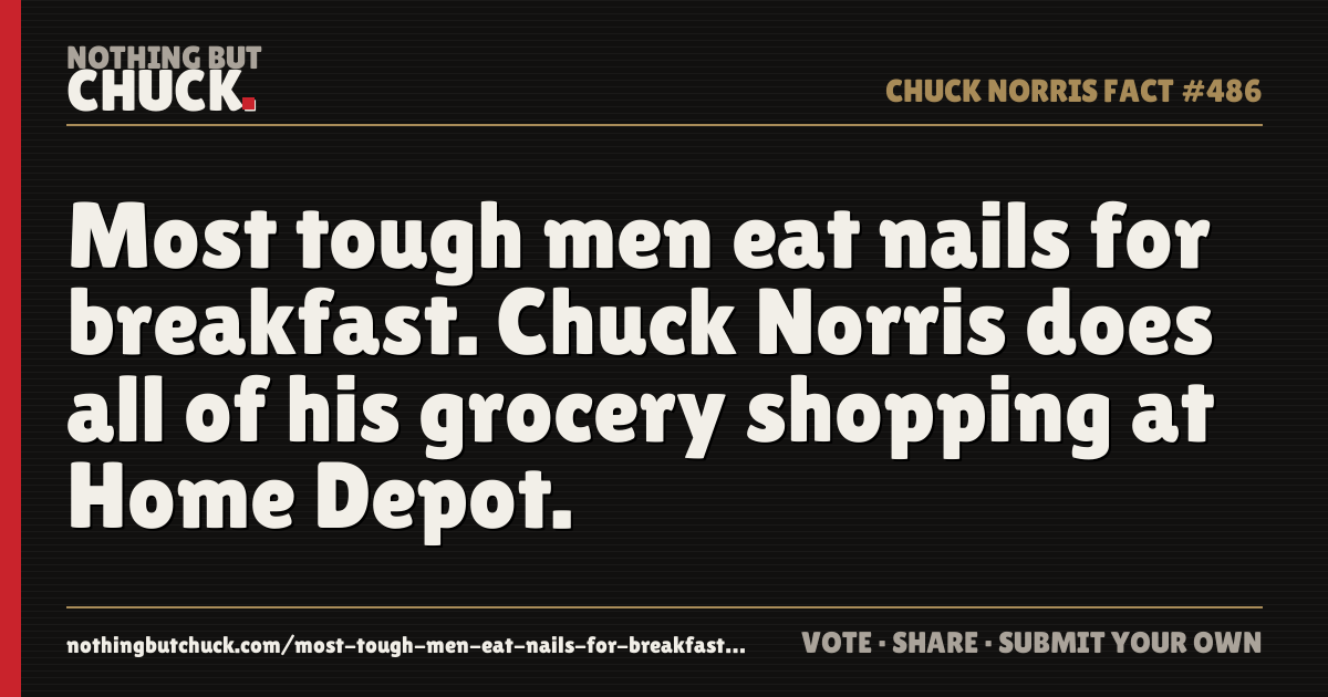 Share card: Most tough men eat nails for breakfast. Chuck Norris does all of his grocery shopping at Home Depot.