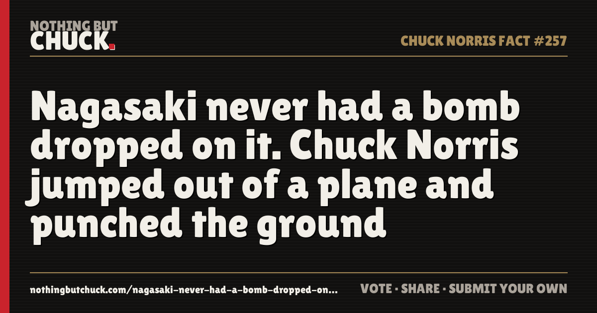 Share card: Nagasaki never had a bomb dropped on it. Chuck Norris jumped out of a plane and punched the ground