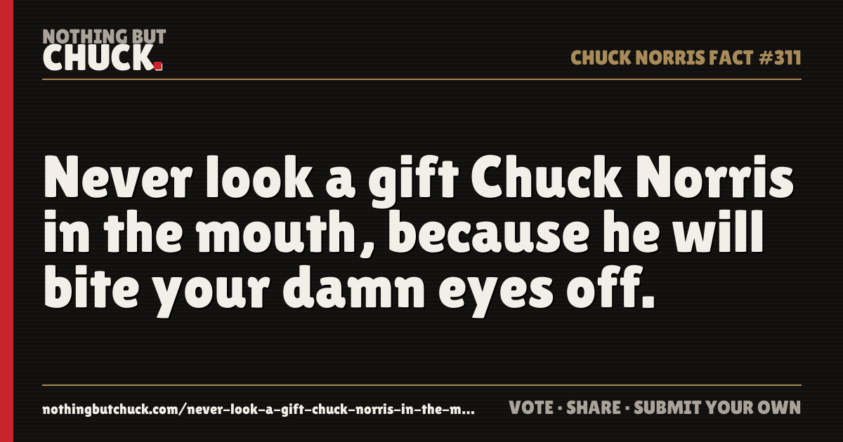 Share card: Never look a gift Chuck Norris in the mouth, because he will bite your damn eyes off.