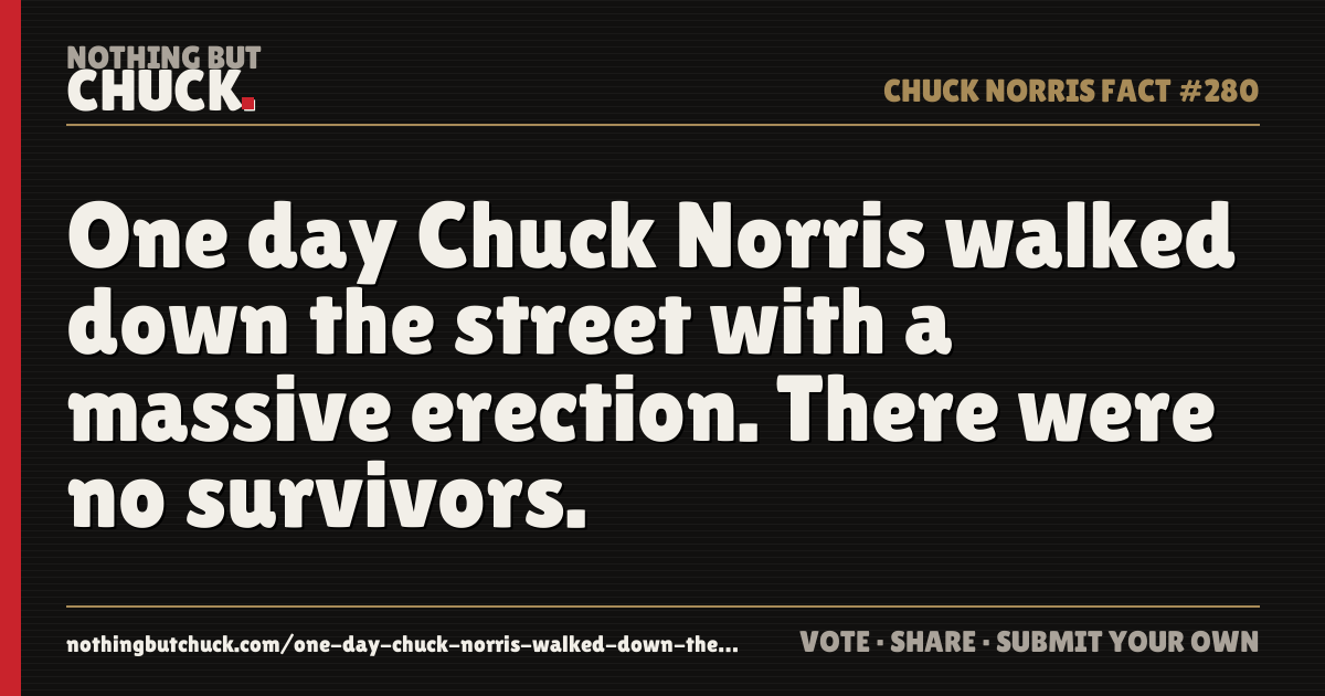 Share card: One day Chuck Norris walked down the street with a massive erection. There were no survivors.
