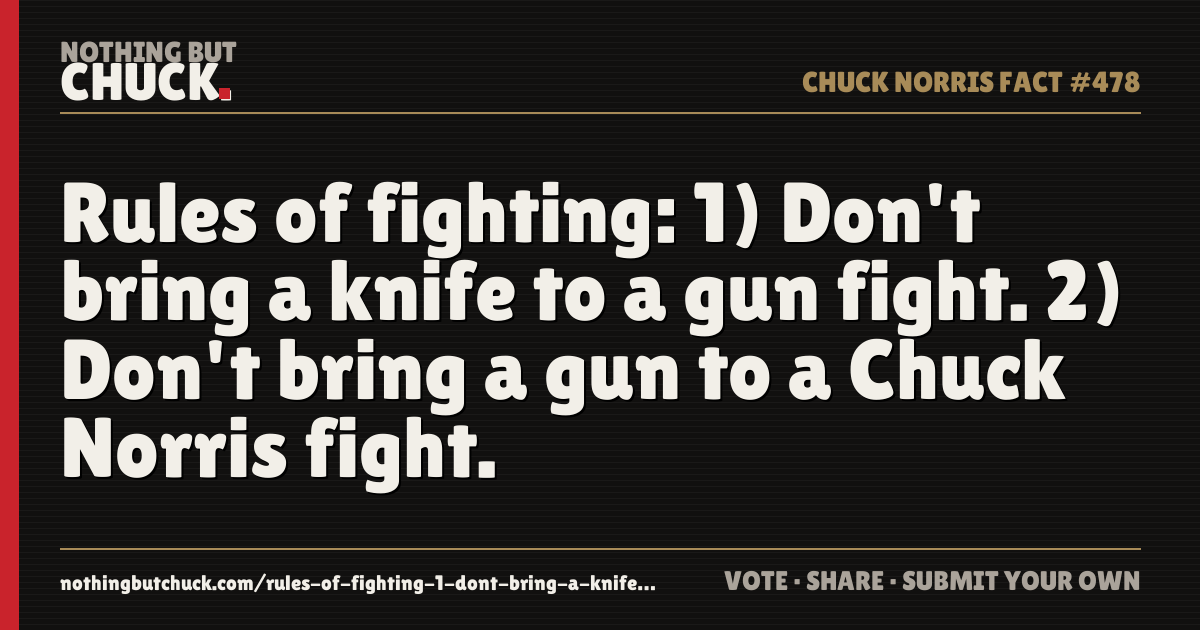 Share card: Rules of fighting: 1) Don't bring a knife to a gun fight. 2) Don't bring a gun to a Chuck Norris fight.
