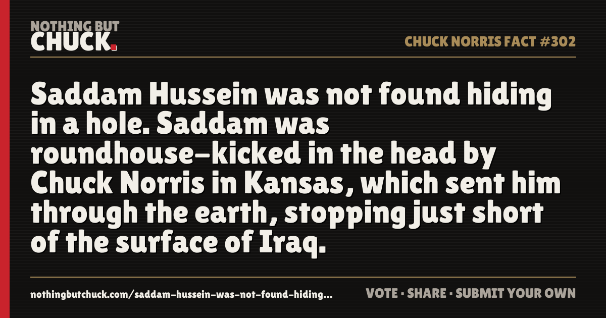 Share card: Saddam Hussein was not found hiding in a hole. Saddam was roundhouse-kicked in the head by Chuck Norris in Kansas, which sent him through the earth, stopping just short of the surface of Iraq.