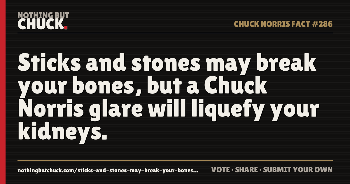 Share card: Sticks and stones may break your bones, but a Chuck Norris glare will liquefy your kidneys.