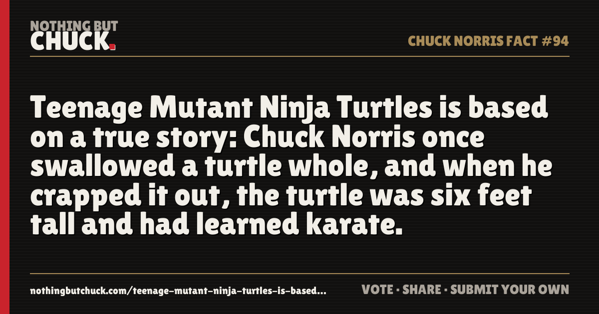 Share card: Teenage Mutant Ninja Turtles is based on a true story: Chuck Norris once swallowed a turtle whole, and when he crapped it out, the turtle was six feet tall and had learned karate.