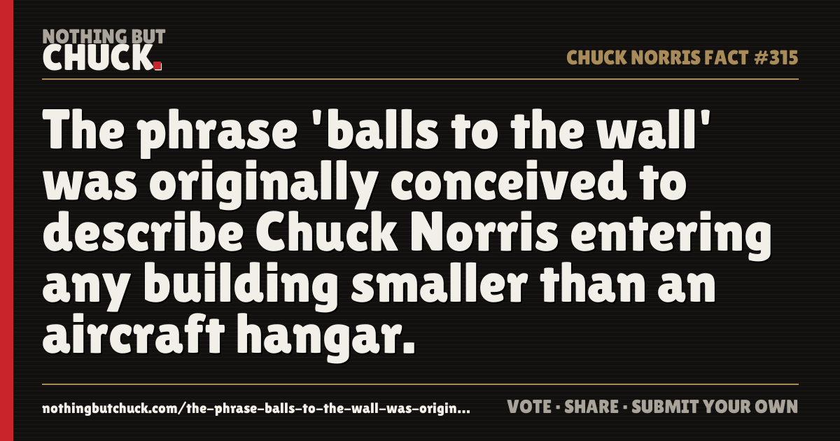 Share card: The phrase 'balls to the wall' was originally conceived to describe Chuck Norris entering any building smaller than an aircraft hangar.