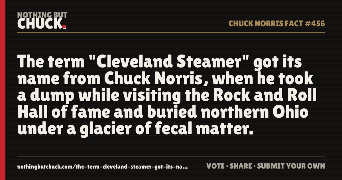 Share card: The term "Cleveland Steamer" got its name from Chuck Norris, when he took a dump while visiting the Rock and Roll Hall of fame and buried northern Ohio under a glacier of fecal matter.
