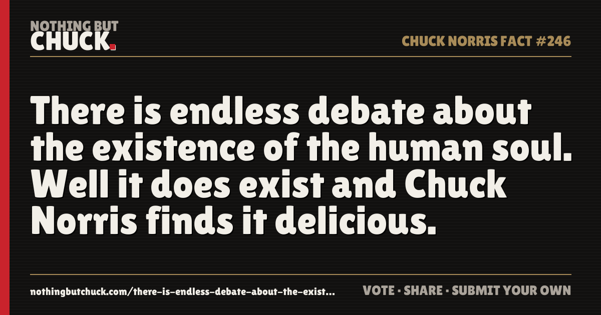 Share card: There is endless debate about the existence of the human soul. Well it does exist and Chuck Norris finds it delicious.