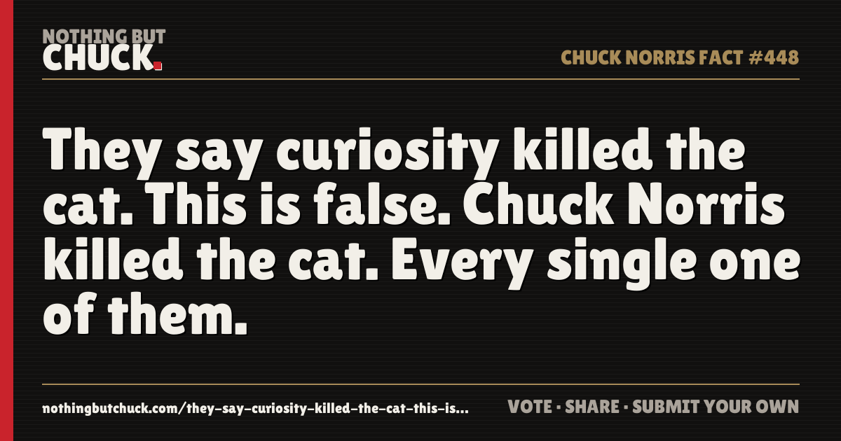 Share card: They say curiosity killed the cat. This is false. Chuck Norris killed the cat. Every single one of them.