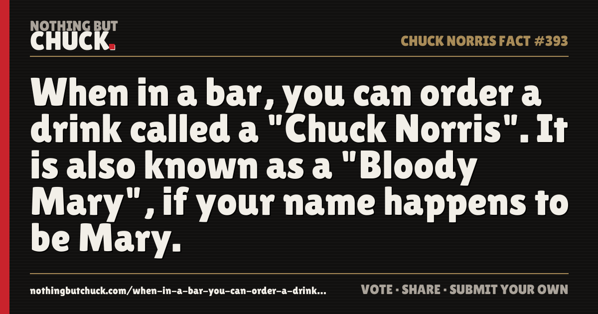 Share card: When in a bar, you can order a drink called a "Chuck Norris". It is also known as a "Bloody Mary", if your name happens to be Mary.
