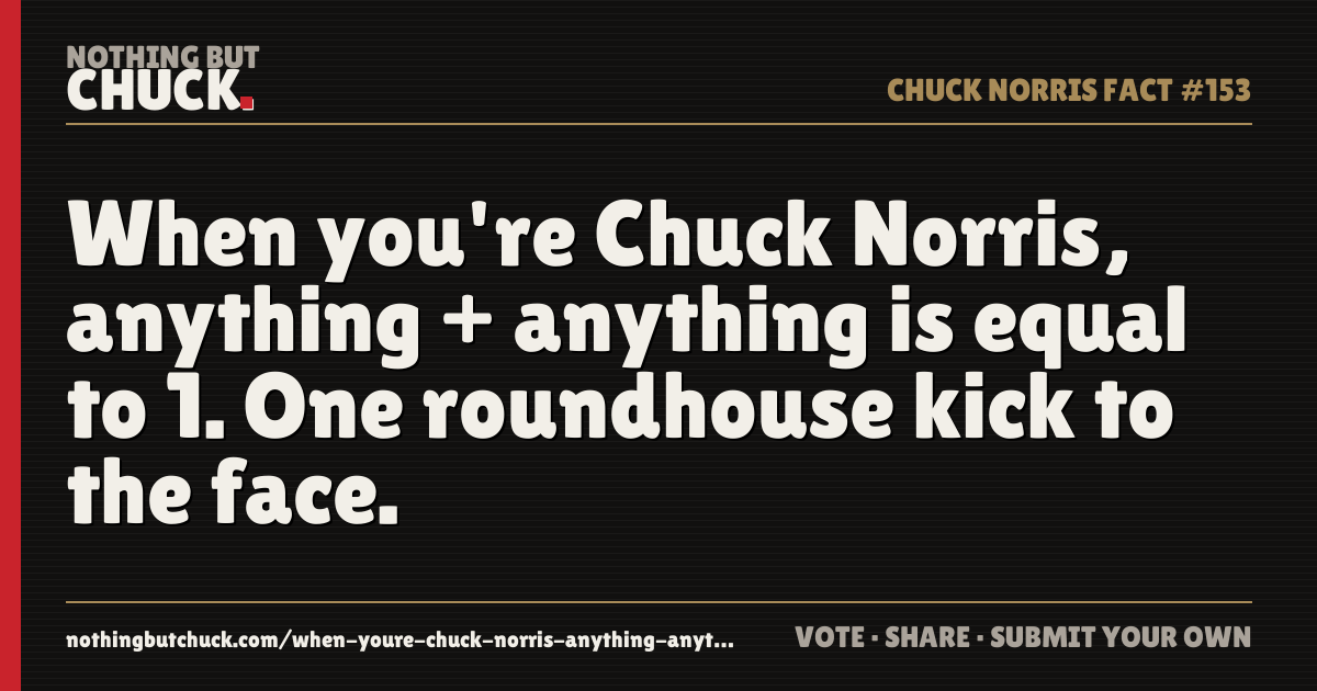 Share card: When you're Chuck Norris, anything + anything is equal to 1. One roundhouse kick to the face.