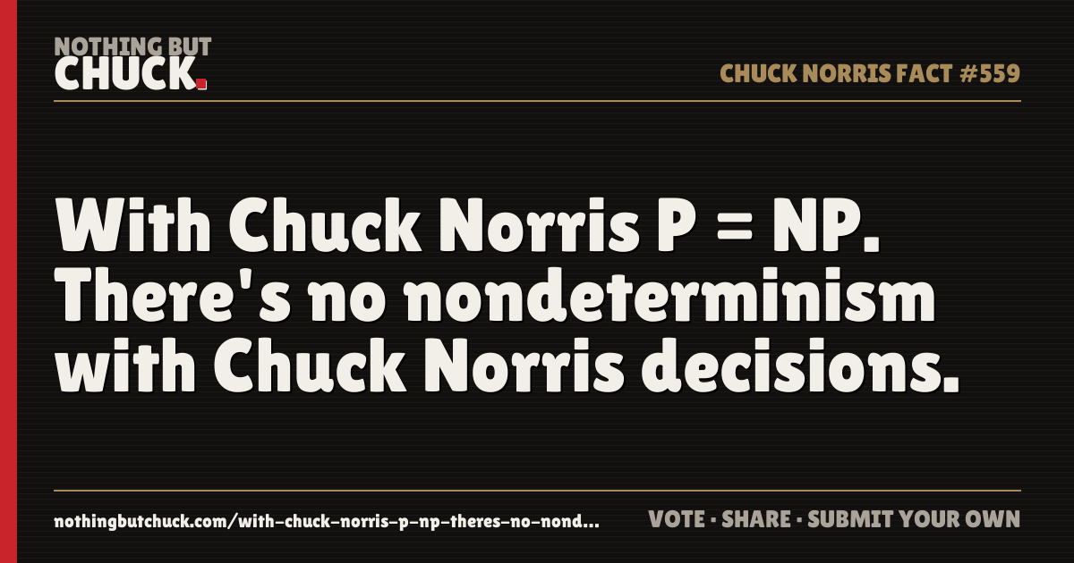Share card: With Chuck Norris P = NP. There's no nondeterminism with Chuck Norris decisions.